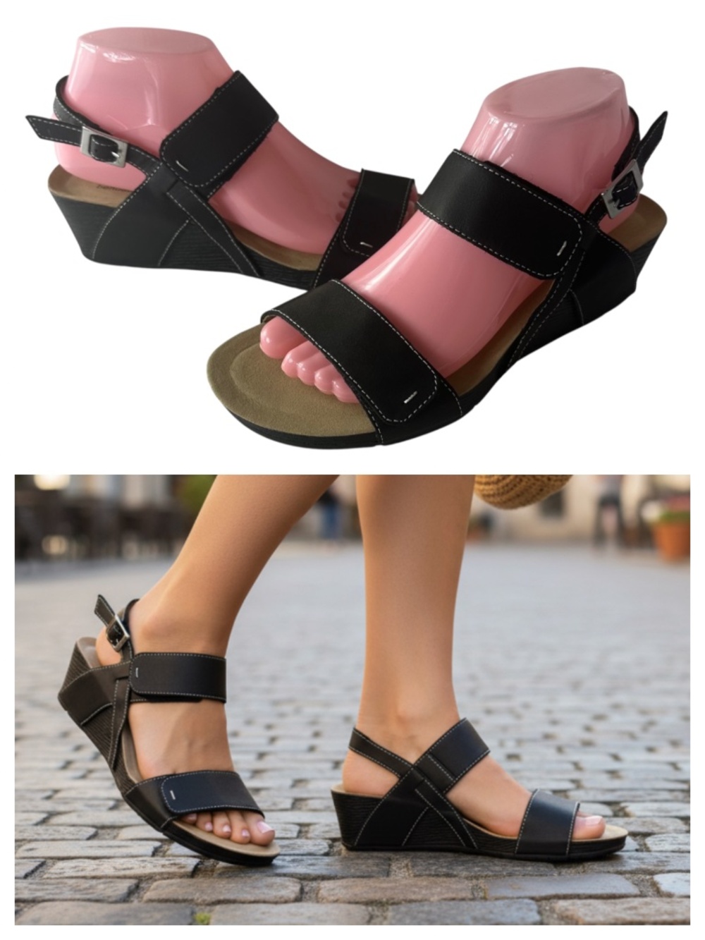 NEW Clarks Bendables Wedge Sandals Sz 8.5 Black Leather Slingback Alto Disco